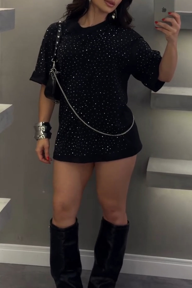 Women's Casual Shiny Rhinestone Loose T-Shirt