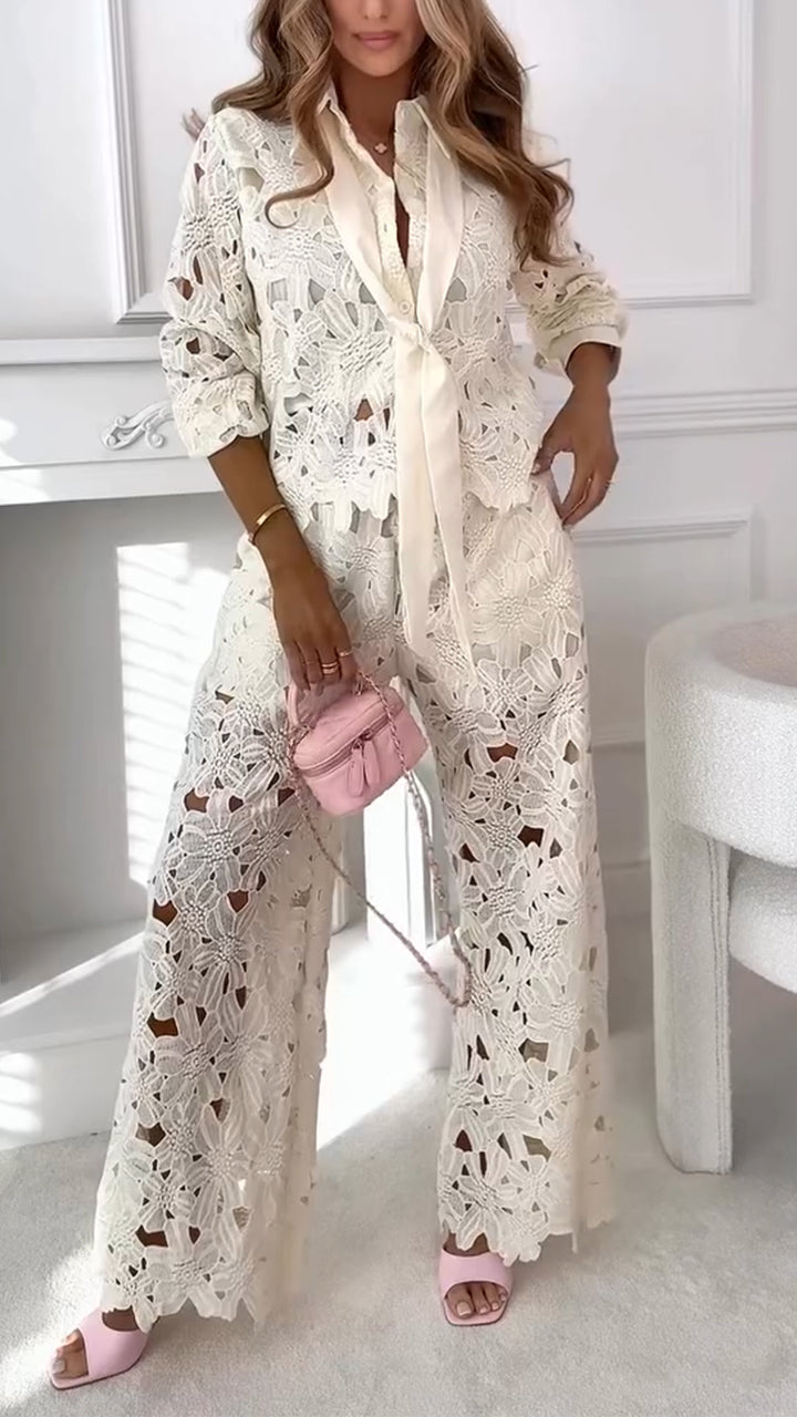 Women Collar Lace Hollow Out Casual Suit