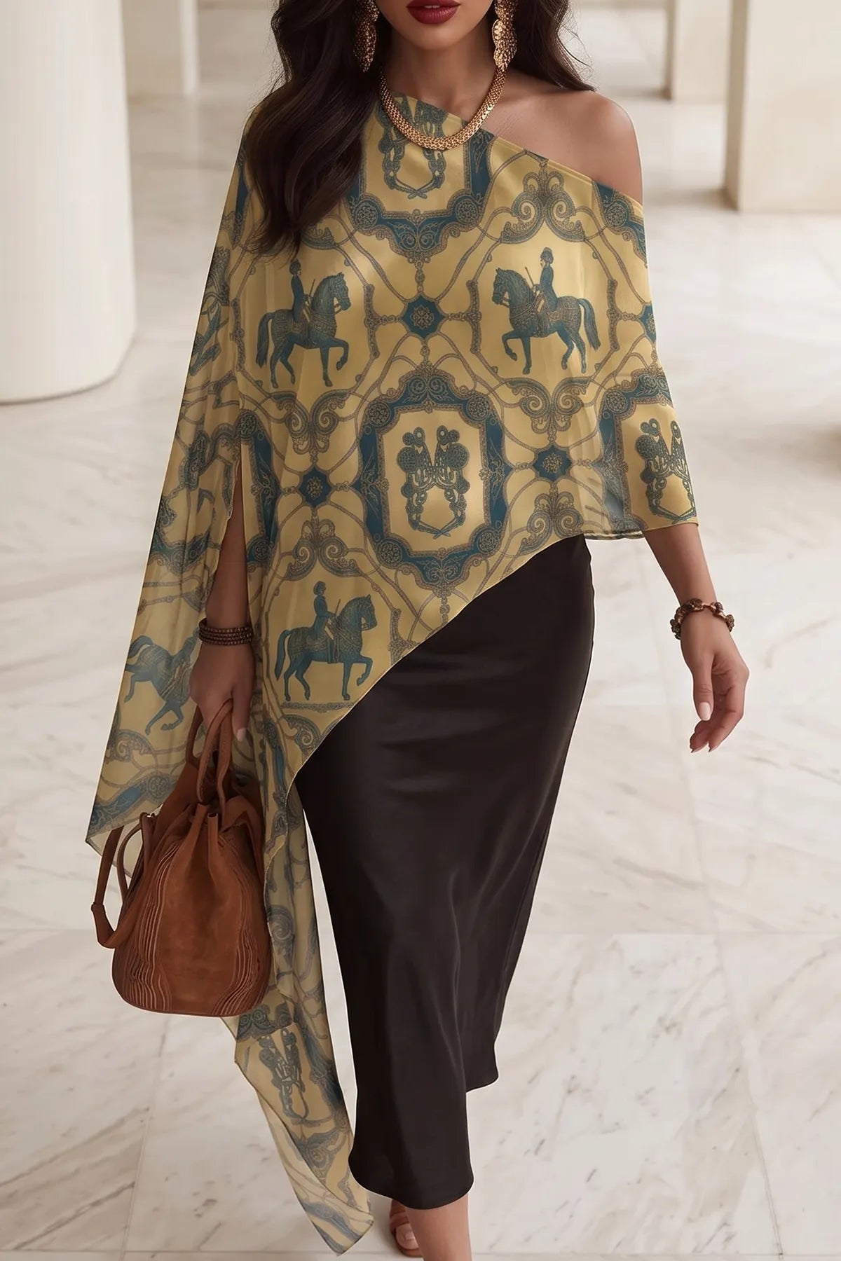 Women's Elegant One Shoulder Cape Blouse Vintage Baroque Horse Print Draped Asymmetrical Poncho Shirt Top