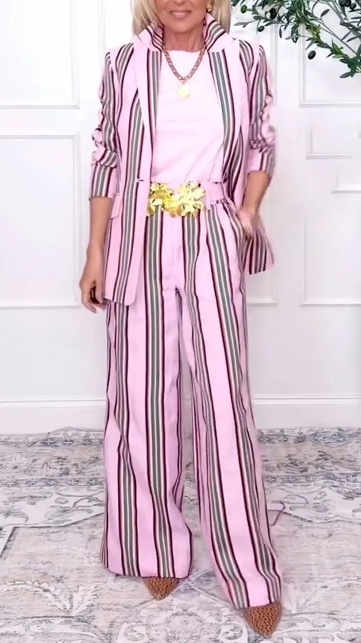 Women Collar Vertical Stripe Jacket + Pants Temperament Commuting Suit