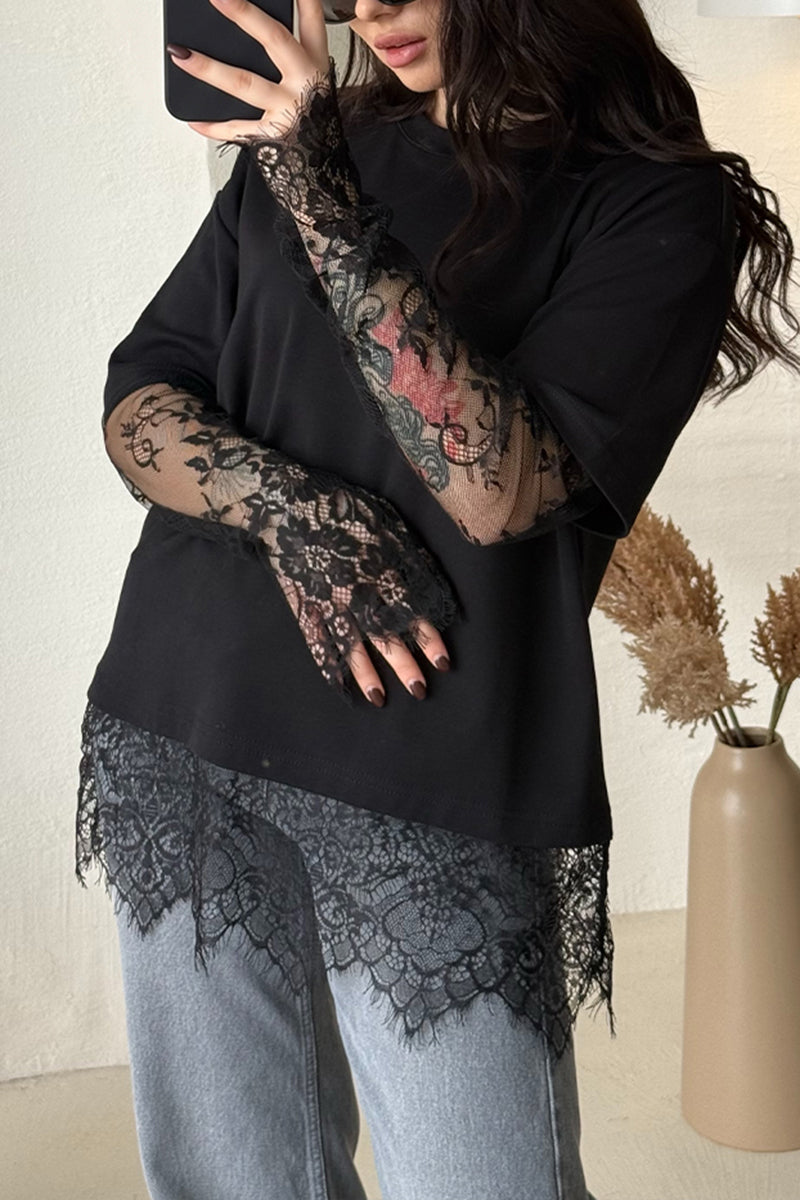 Women's Casual Lace Patchwork Loose T-Shirt