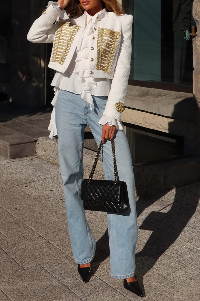 Women's Fashion Elegant Metallic Woven Decoration Button Short Jacket