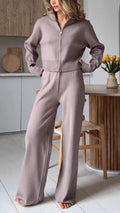 Womens Lapel Zipper Top + Pants Solid Color Casual Set