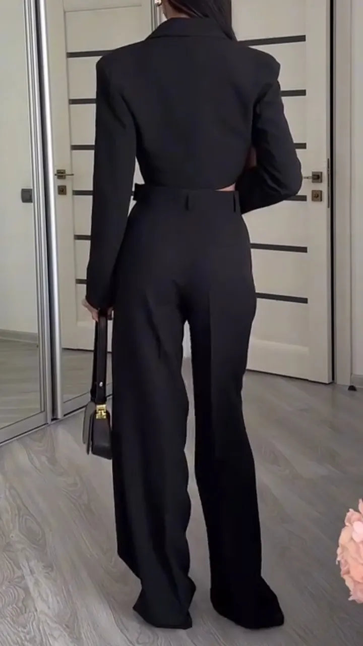 Women Collar Jacket+ Pants Solid Color Temperament Casual Suit