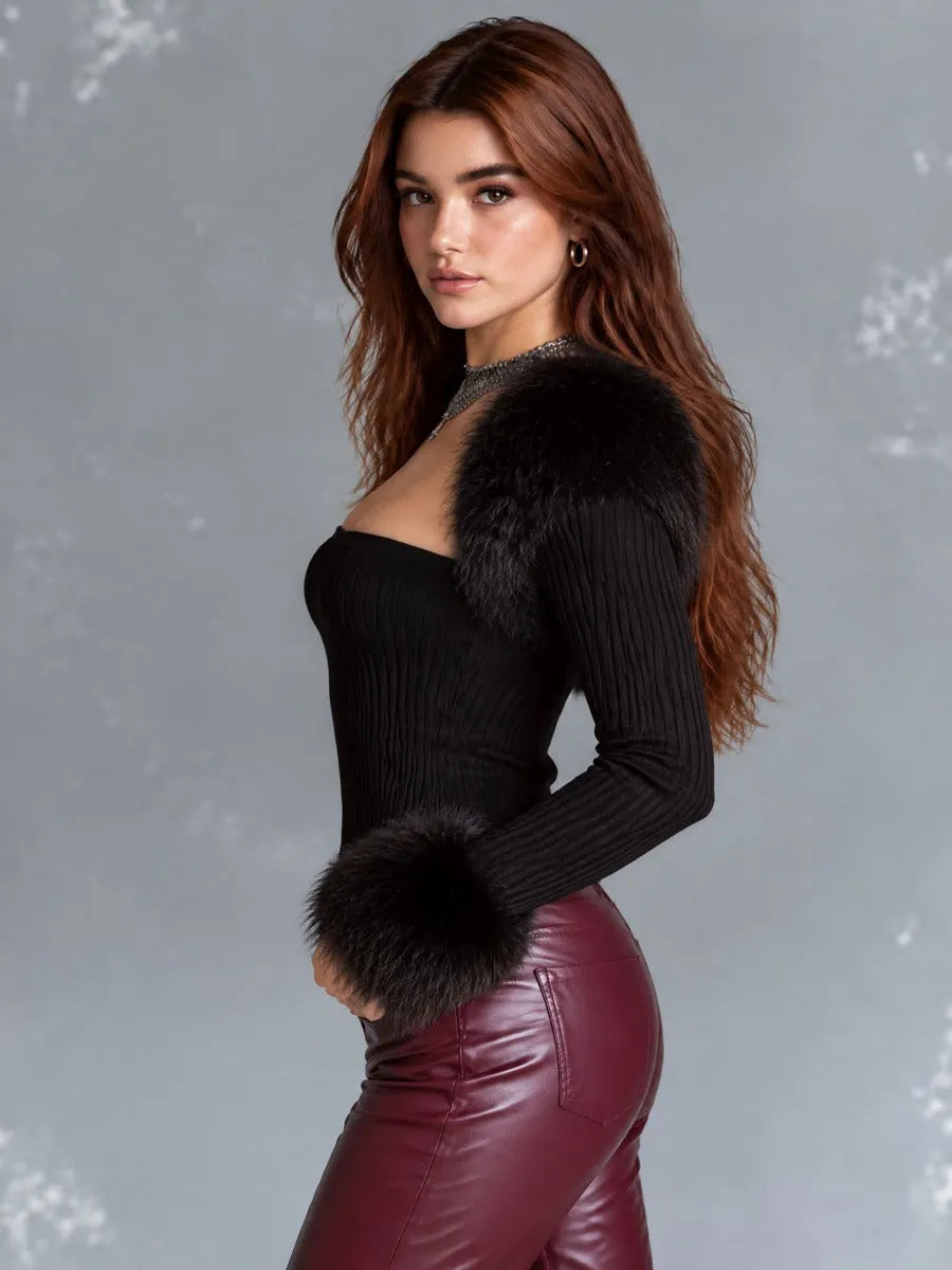 Vintage Black Ribbed Knit Sweater With Faux Fur Trim