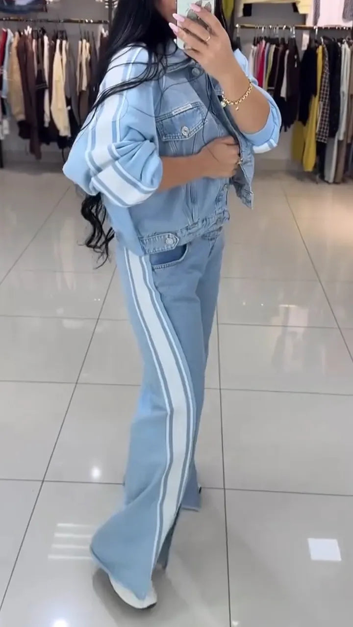 Women Collar Jacket+ Pants Casual Denim Suit
