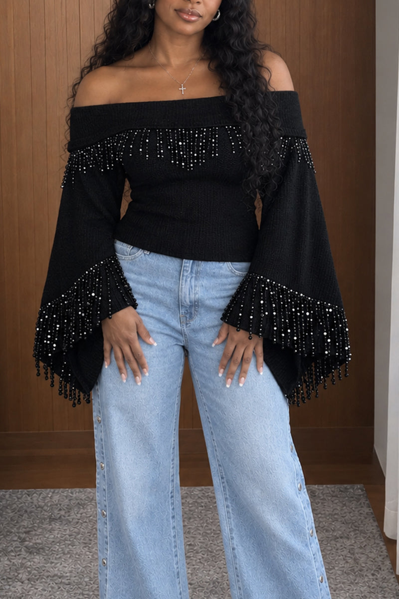 Women's Slim Fit Off Shoulder Rhinestone Fringe Black Bell Sleeve Top
