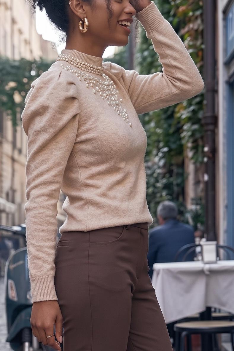 Women's Puff Sleeve Knit Sweater Pearl Beaded Mock Neck Long Sleeve Tops Slim Fit Ribbed Pullover Fall Winter Work Blouse