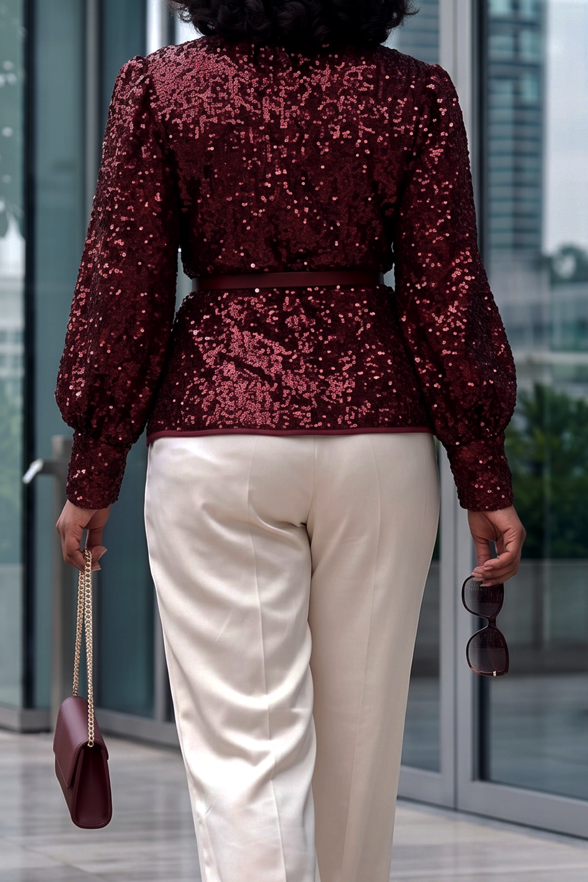 Women's Sparkly Sequin Wrap Top with Belt Long Bishop Sleeve Shawl Lapel Cocktail Jacket