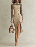 Beige Leopard-Print Long Sleeve Front Slit Midi Dress with Gold-Tone Buttons