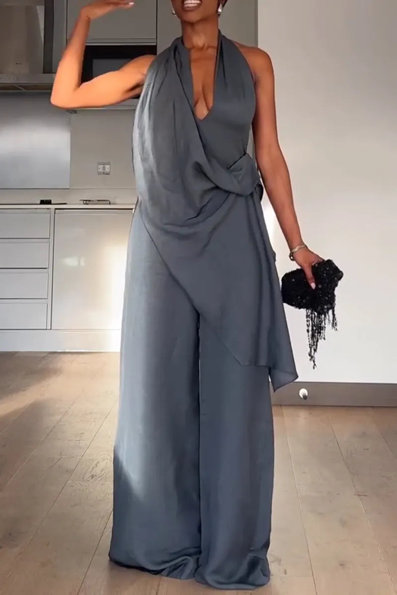 Women Halter-neck Asymmetrical Top and Pants Stylish Casual Set