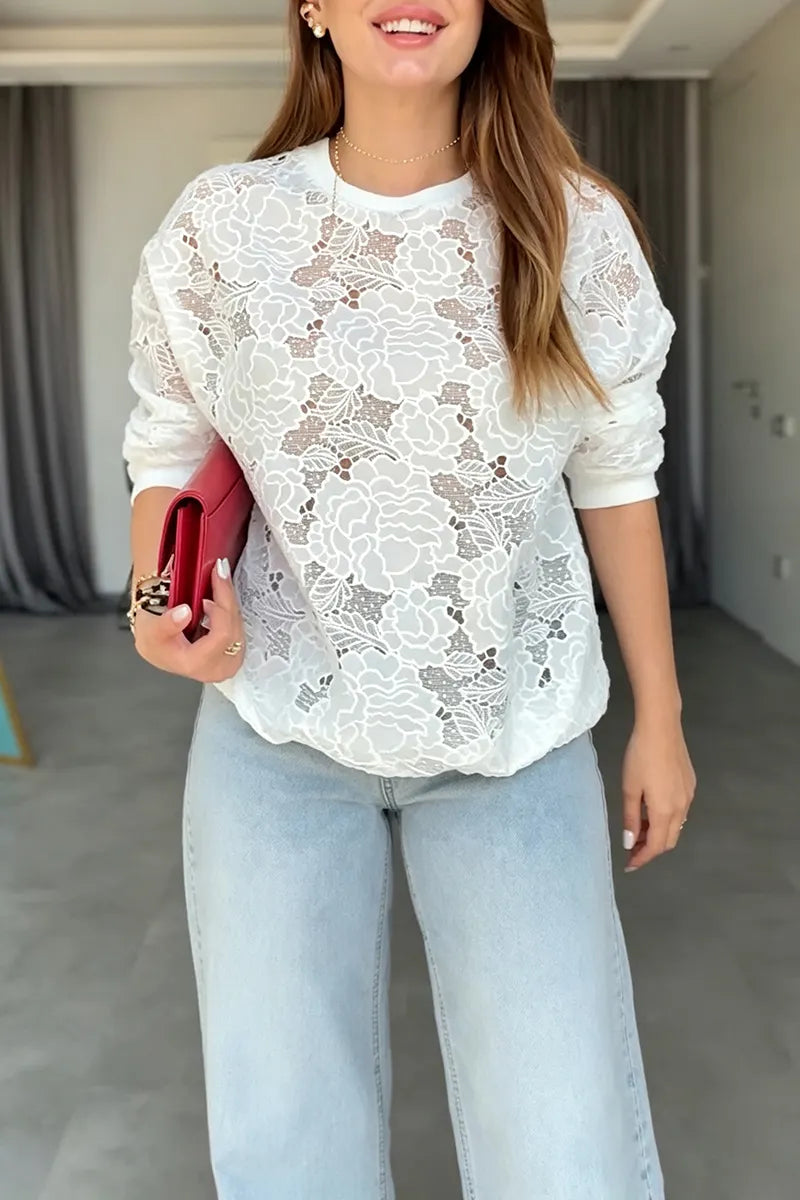 Women's Casual Flower Pattern Decoration Crew Neck Top