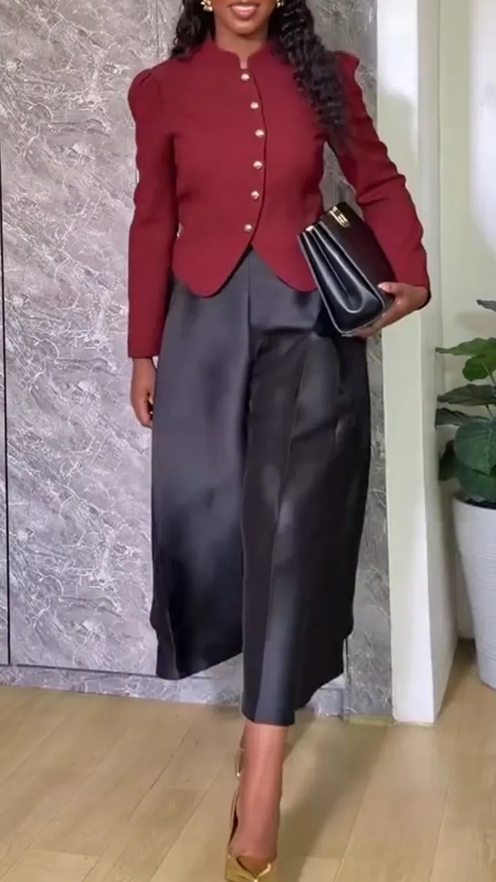 Women Round Neck Breasted Jacket + Satin Wide Leg Pants
