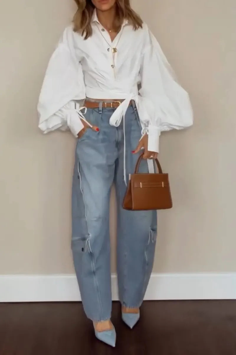 Women Casual Lantern Sleeve Lapel Shirt or Washed Water Spliced Jeans