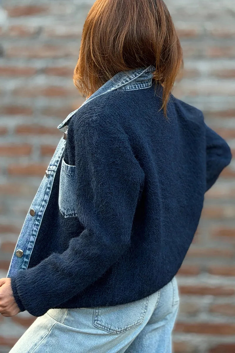 Women's Collar Denim Patchwork Casual Knit Jacket