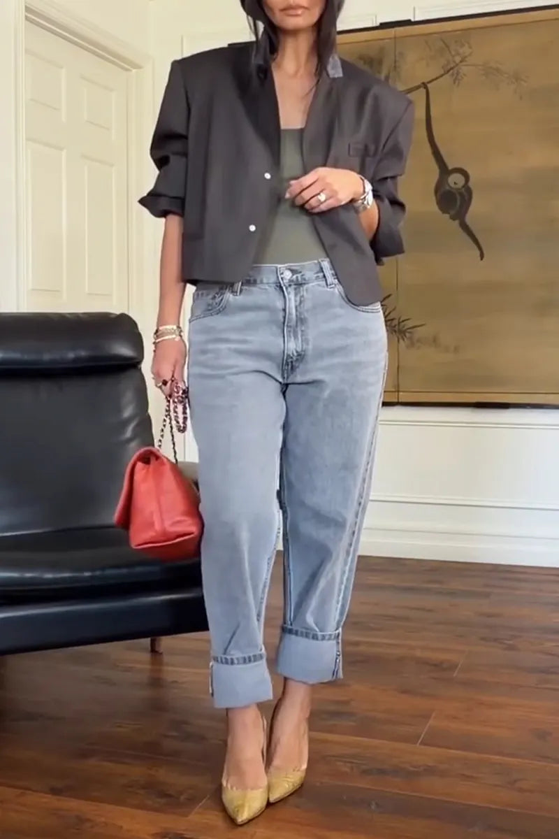 Women's Temperament Casual Collar Jacket or Washed Denim Jeans