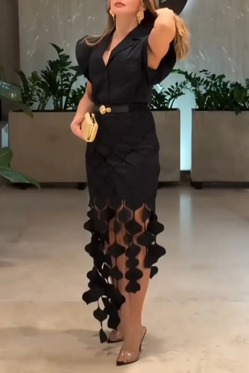 Women's Collar Shirt+ Patchwork Pattern Tassel Half Skirt Elegant Temperament Set