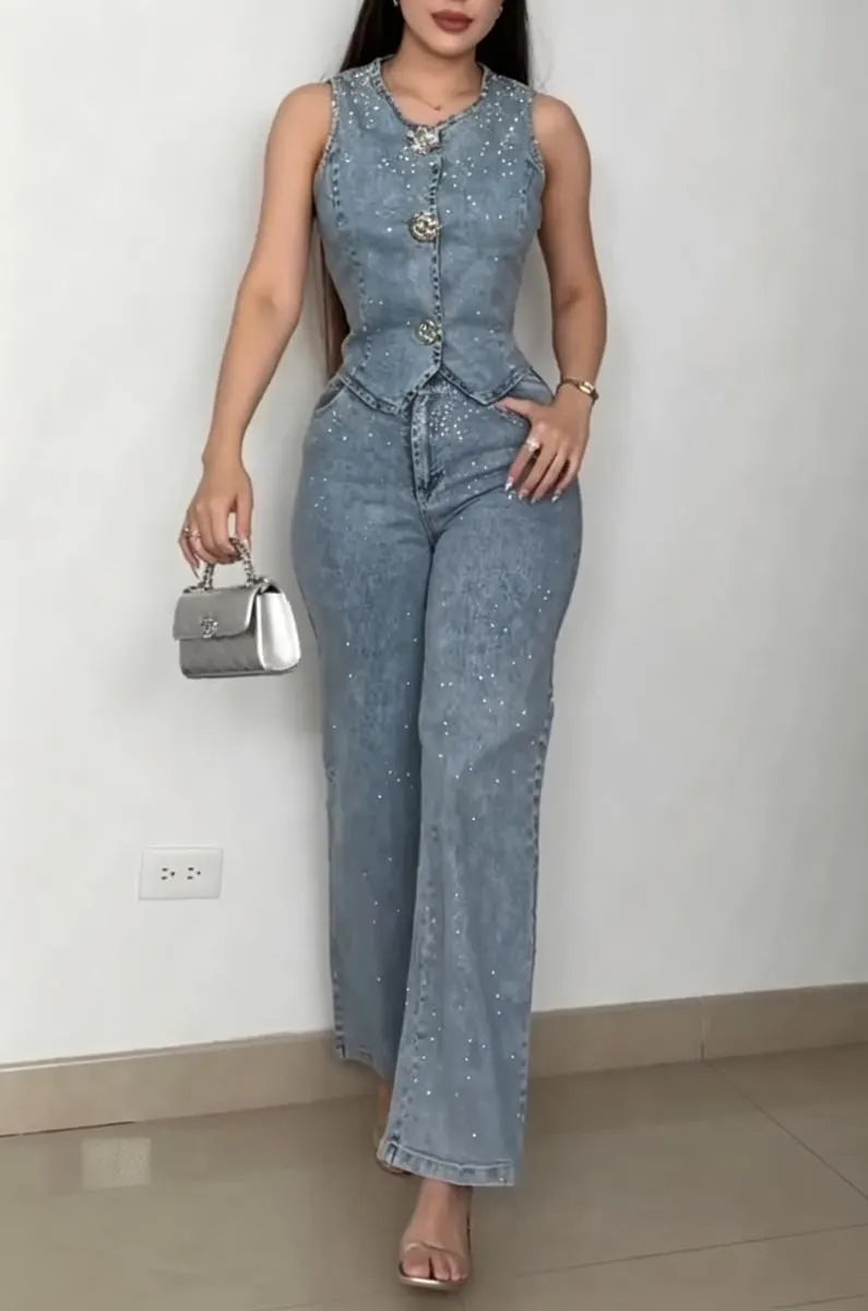 Women's Round Neck Sleeveless Rhinestone Denim Top or Jeans