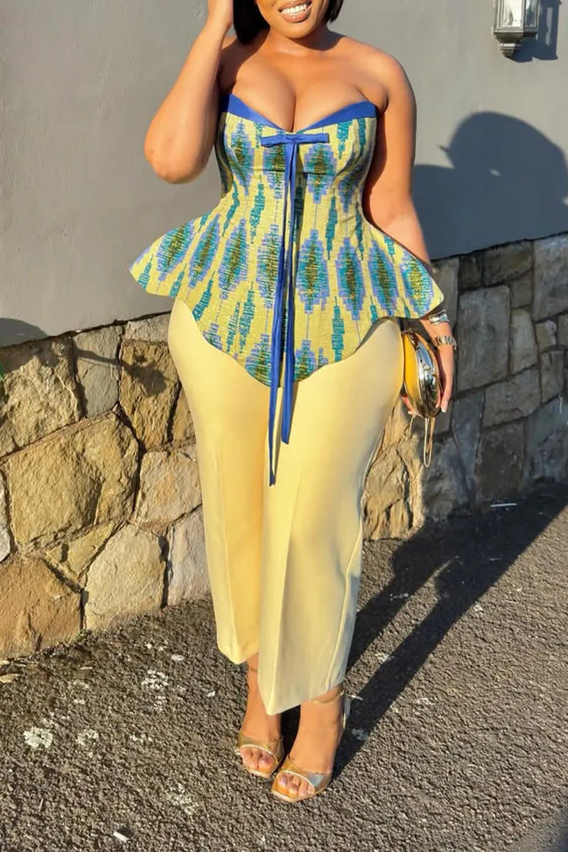 Women Elegant Casual Strapless Printed Irregular Tops or Wide Leg Pants