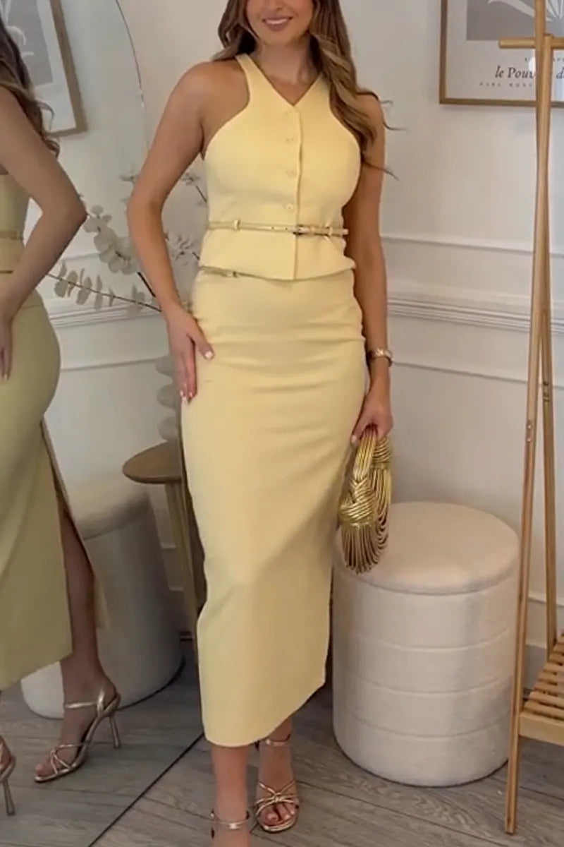 Women V-neck Top + Half Skirt Elegant Temperament Set