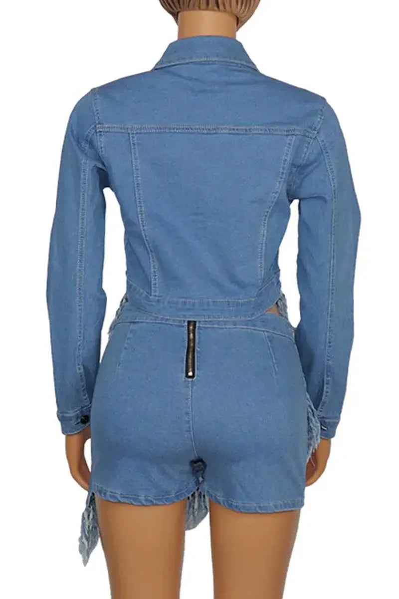 Women Light Blue Washed Lapel Collar Long Sleeve Full Fringe Hem Cropped Denim Jacket Or Denim High Waist Asymmetrical Raw Fringe Wrap Mini Skirt