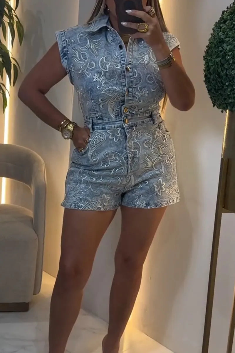 Women Collar Patchwork Pattern Nail Bead Casual Short Denim Jumpsuit