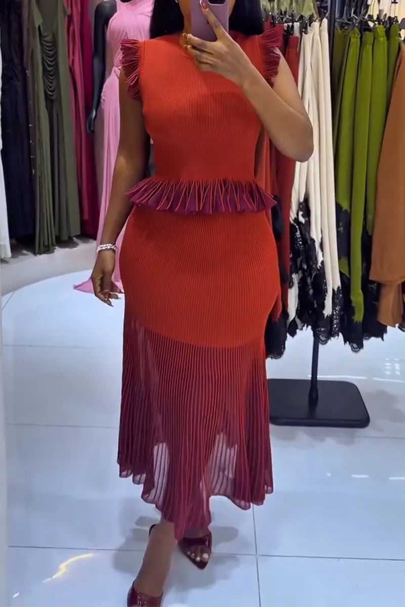 Women Round Neck Knitted Patchwork Top + Half Skirt Elegant Casual Set