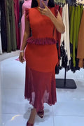 Women Round Neck Knitted Patchwork Top + Half Skirt Elegant Casual Set