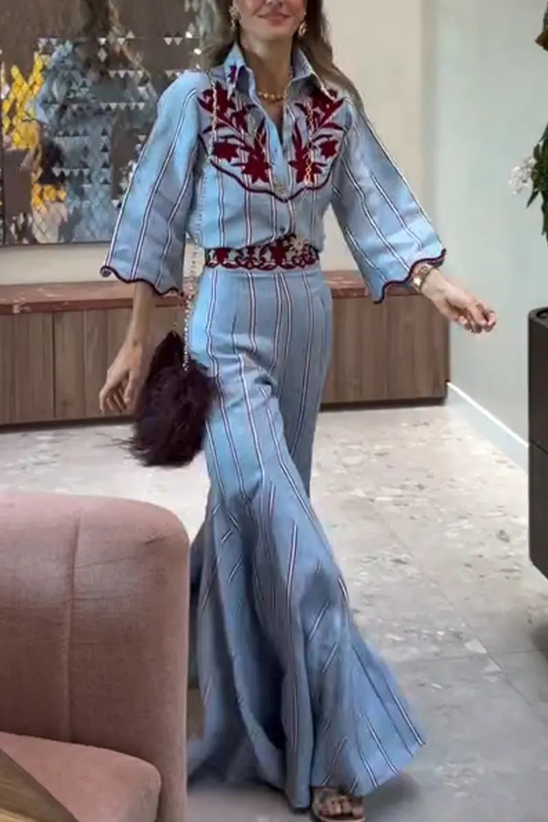 Women Collar Printed Top+ Wide Leg Pants Casual Set with Temperament