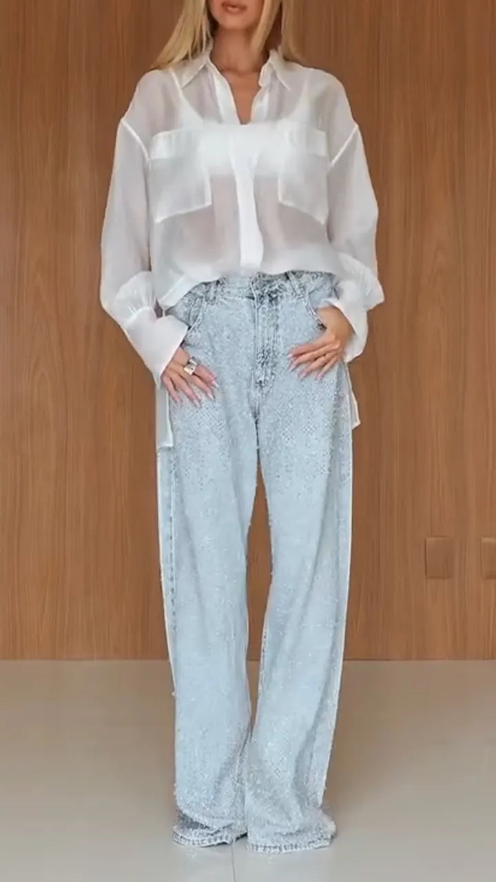Women Collar See Through Shirt+ Rhinestone Jeans Casual Set