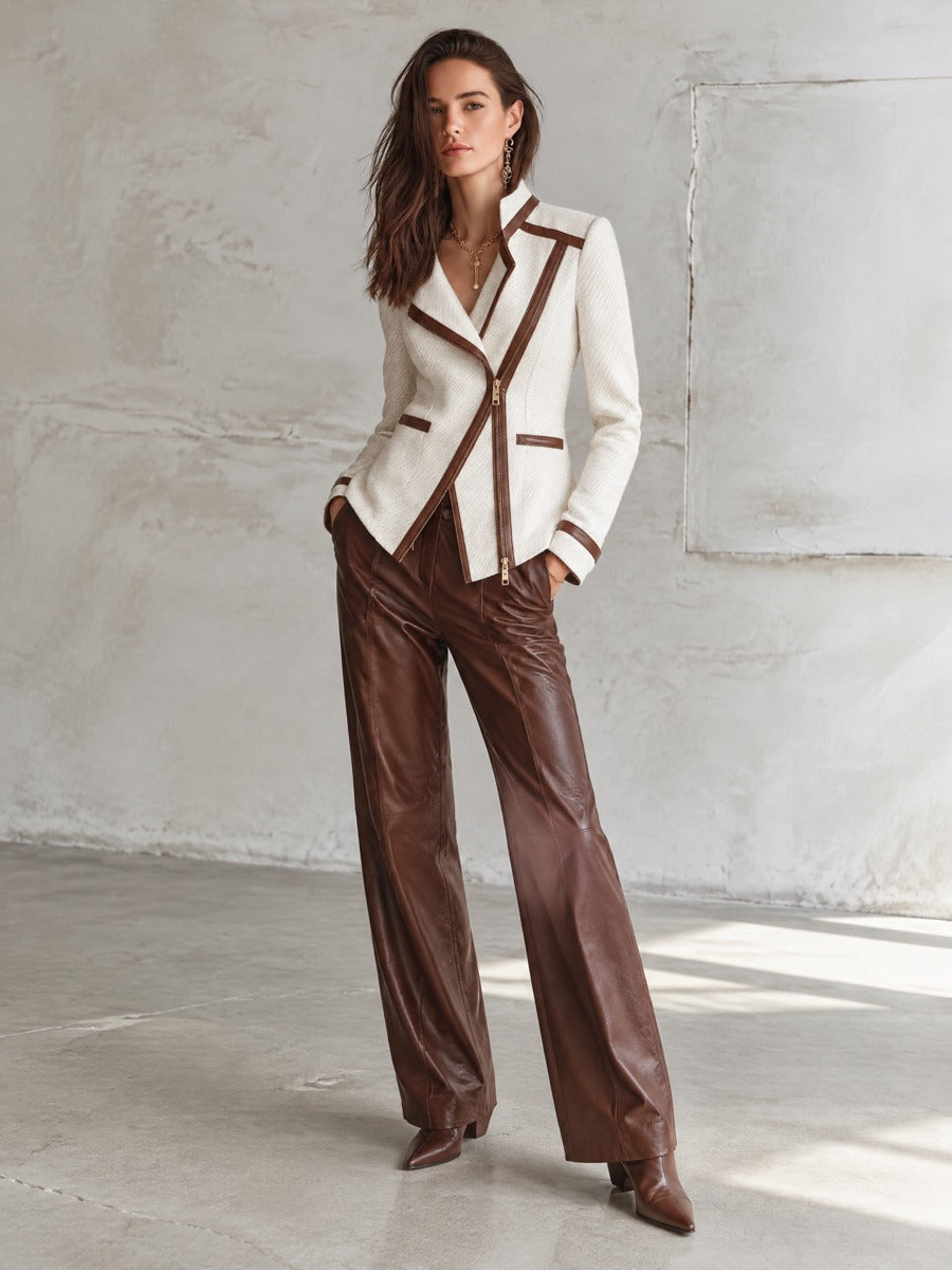 Cream Textured Asymmetric Zip Jacket with Brown Faux-Leather Trim