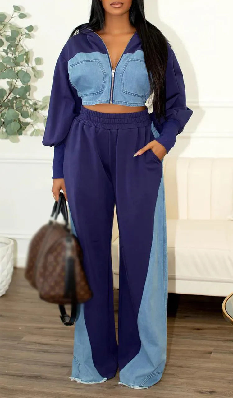 Women Collared Patchwork Denim Casual Suit