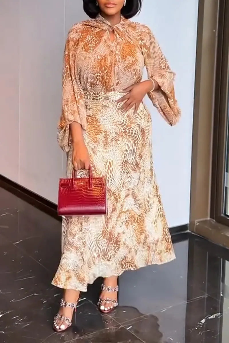 Women Round Neck Printed Top+ Half Skirt Elegant Casual Set