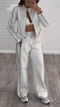 Womens Round Neck Vertical Zipper Coat + Pants Casual Suit
