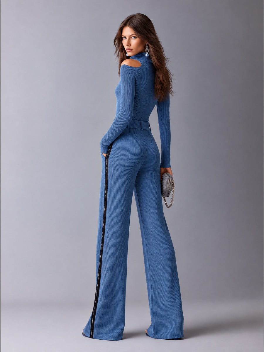 Blue Ribbed Knit Cold-Shoulder Button-Front Wide-Leg Jumpsuit with Contrast Side Stripes