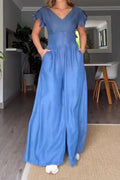Women's Casual Chambray Jumpsuit with Ruffled Sleeves & Side Pockets