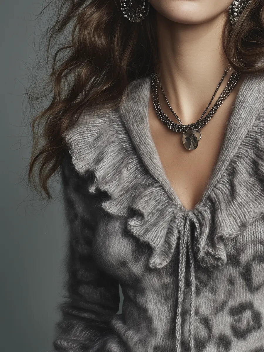 Romantic Gray Leopard Print Ruffle Collar Tie Neck Knit Sweater