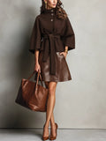 Elegant Chocolate Brown Belted Cape Top & Skirt Set