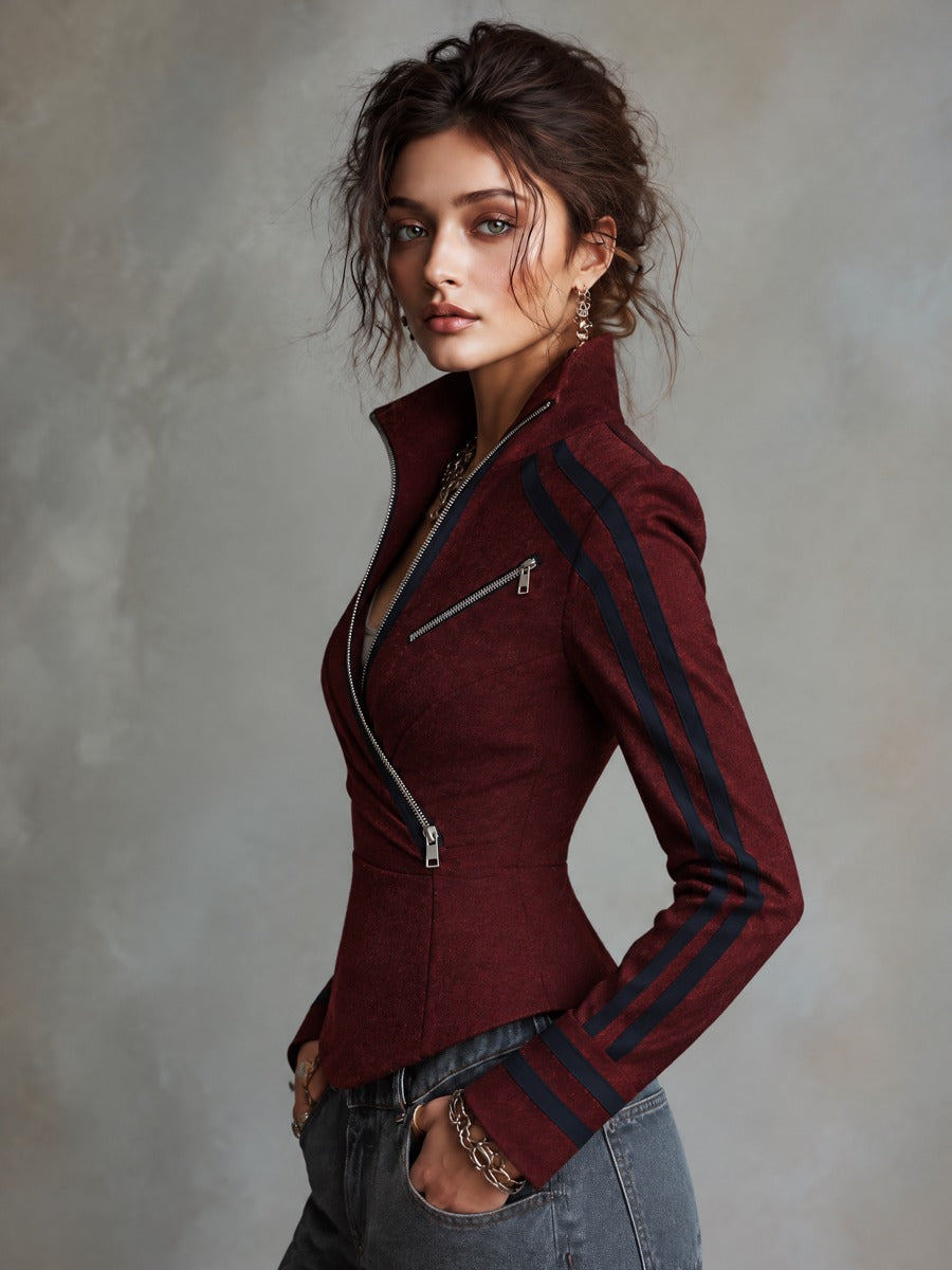 Burgundy Asymmetric Zip High Collar Jacket With Navy Contrast Stripes