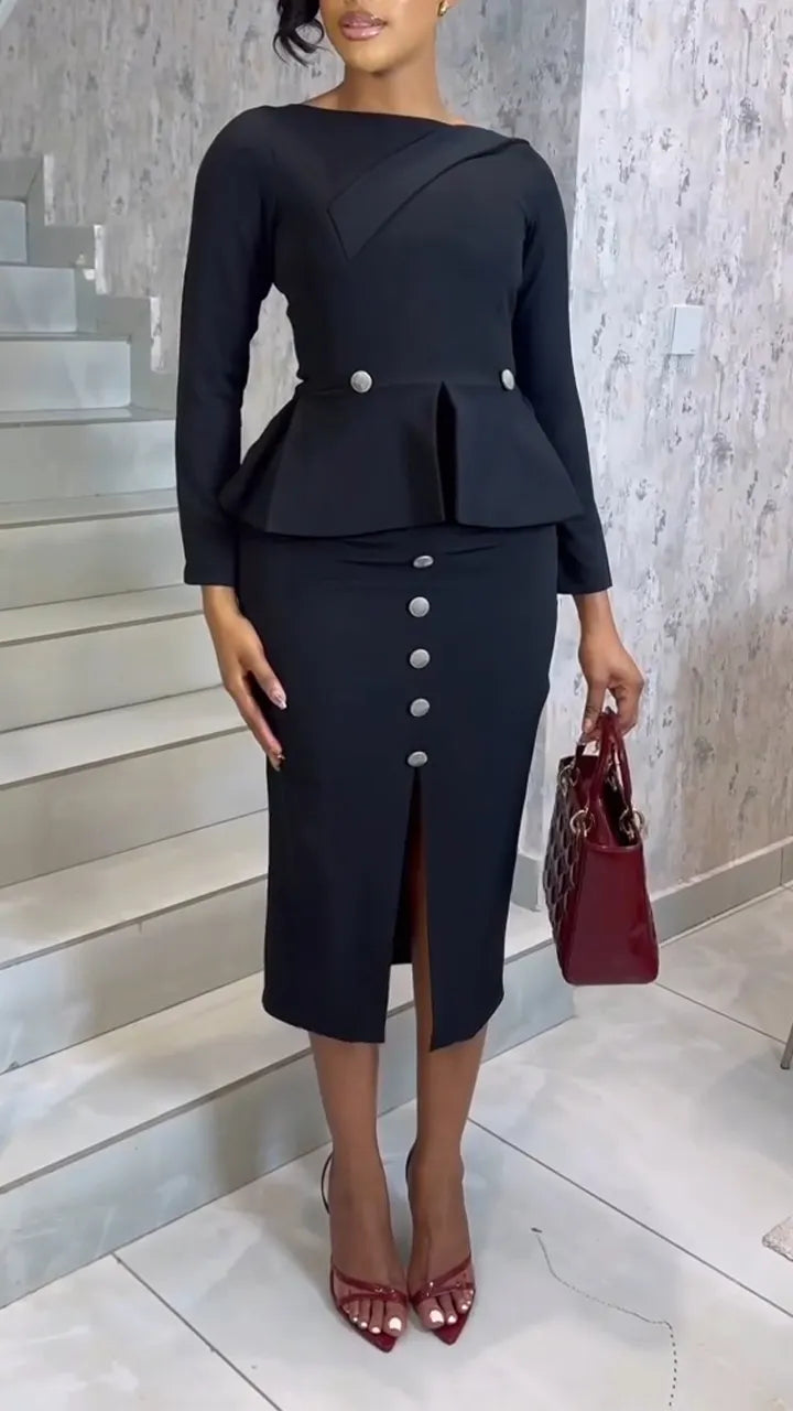 Women Round Neck Top + Breasted Split Half Skirt Temperament Commuting Suit