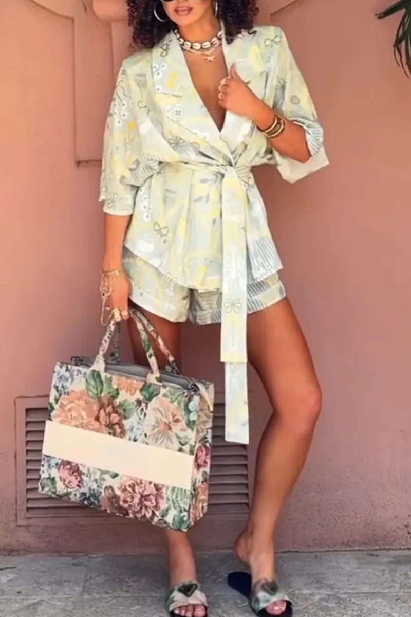 Women Collar Printed Shirt + Shorts Vacation Casual Style Set