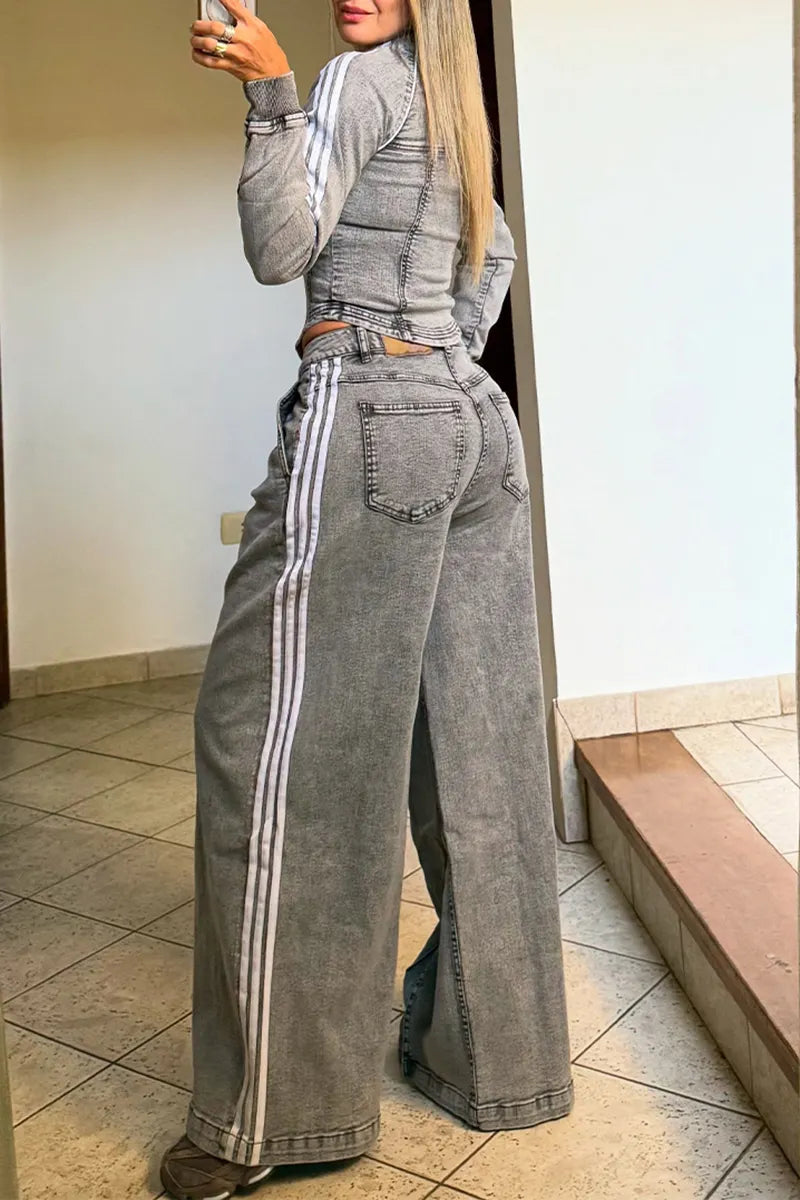 Women's Casual Slim Denim Jacket or Wide Leg Jeans