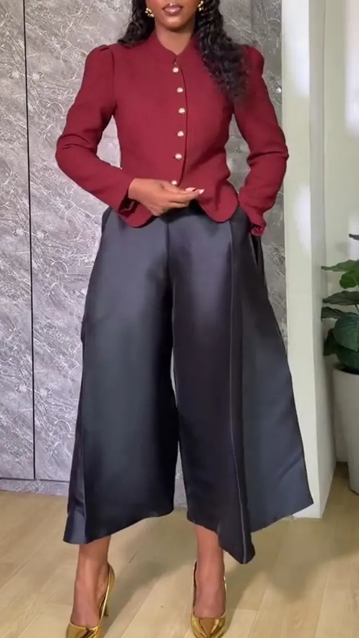 Women Round Neck Breasted Jacket + Satin Wide Leg Pants
