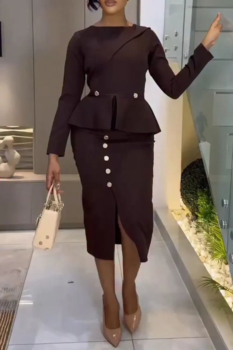 Women Round Neck Waist Cinched Top + Breasted Split Half Skirt Temperament Commuting Formal Suit
