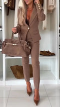 Women Collar Jacket+ Pants Solid Color Temperament Casual Suit