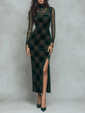 Christmas Velvet Gold Plaid Mock Neck Sheer Mesh Long Sleeve Bodycon Midi Dress with Slit