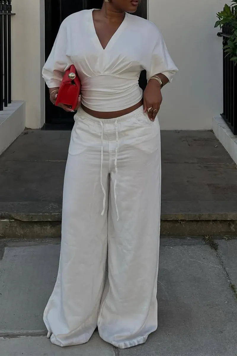 Women V-neck Fitted Top + Drawstring Wide-leg Pants Casual Set