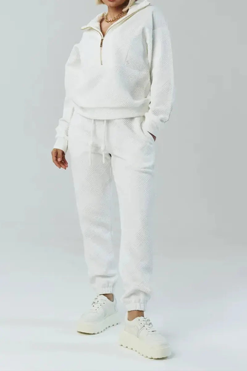 Ladies Collar Zipper Top+ Pants Casual Set
