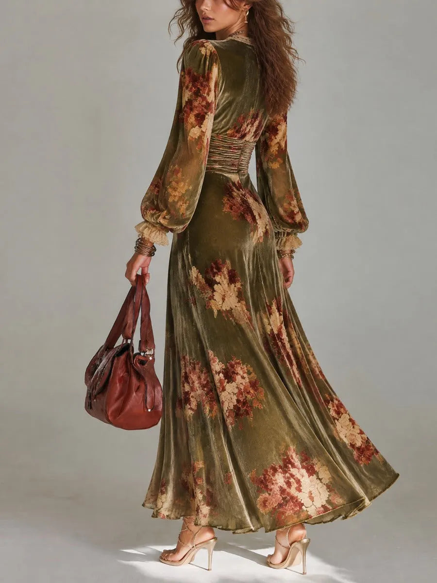 Lace V-Neck Floral Print Polyester Velvet Maxi Dress