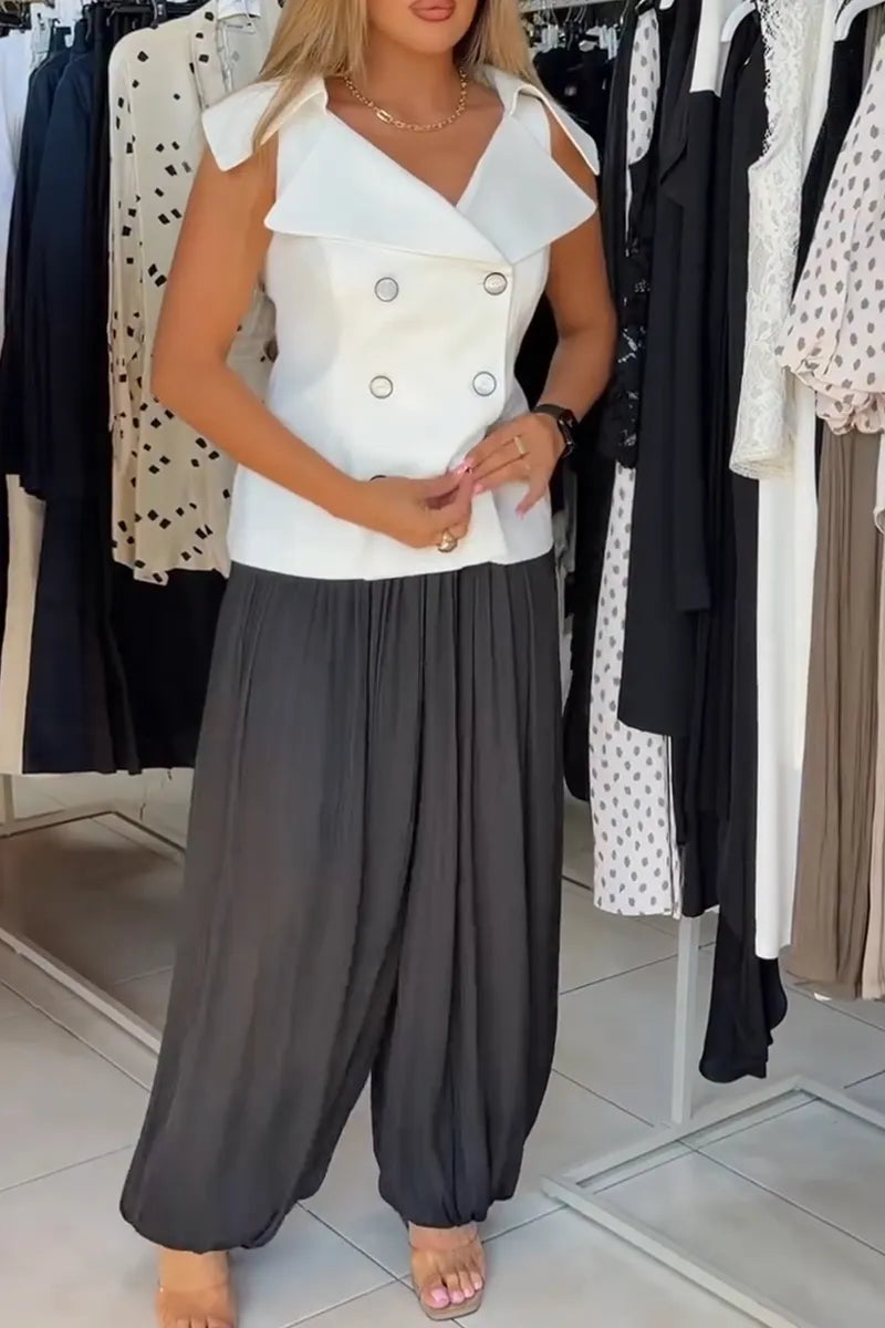 Women's Collar Double Breasted Top or Casual Solid Color Lantern Pants